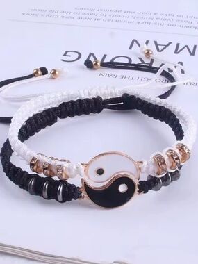 Yin Yang Black and White Adjustable Friendship Bracelet Set